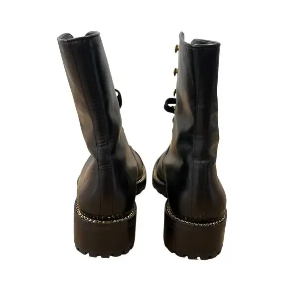 Stuart Weitzman Kolbie Black Leather Chain Combat Boot 39 Black